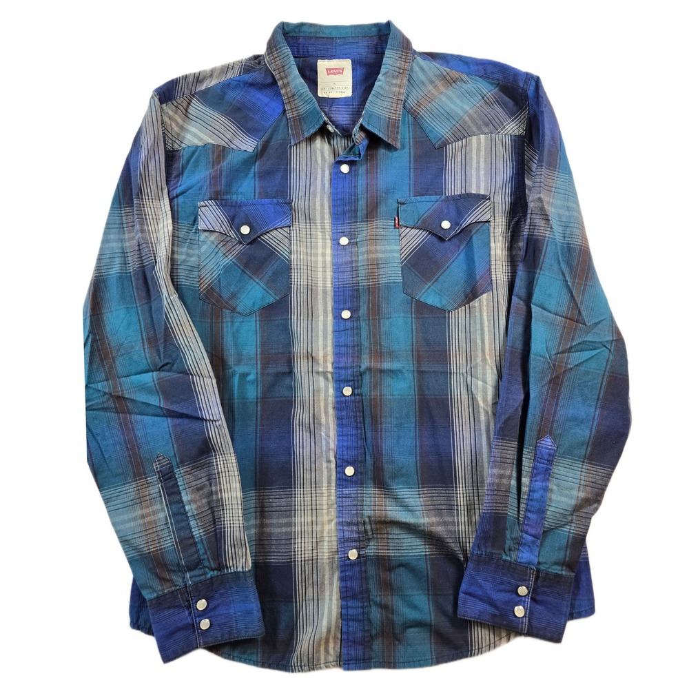 Levis Pearl Snap Western Shirt Mens XL Blue Teal Plaid Cotton Blend Long Sleeve
